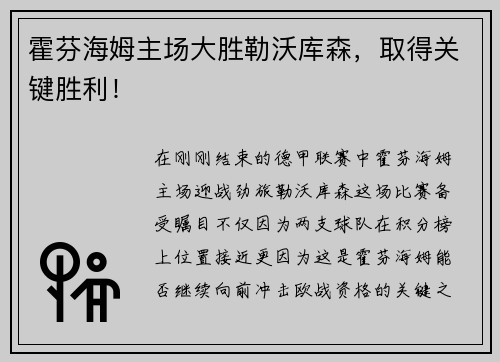 霍芬海姆主场大胜勒沃库森，取得关键胜利！